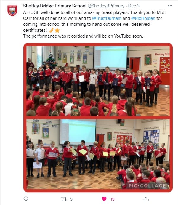 Shotley Bridge Primary DMS stars presentation on Twitter